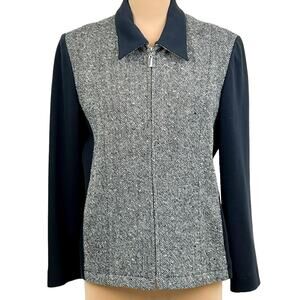 LizSport Jacket Petite 12 Full Zip Black Tweed Cotton Blend Long Sleeve Top